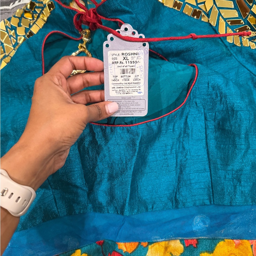 Teal Embroidered Dress with Red Accents